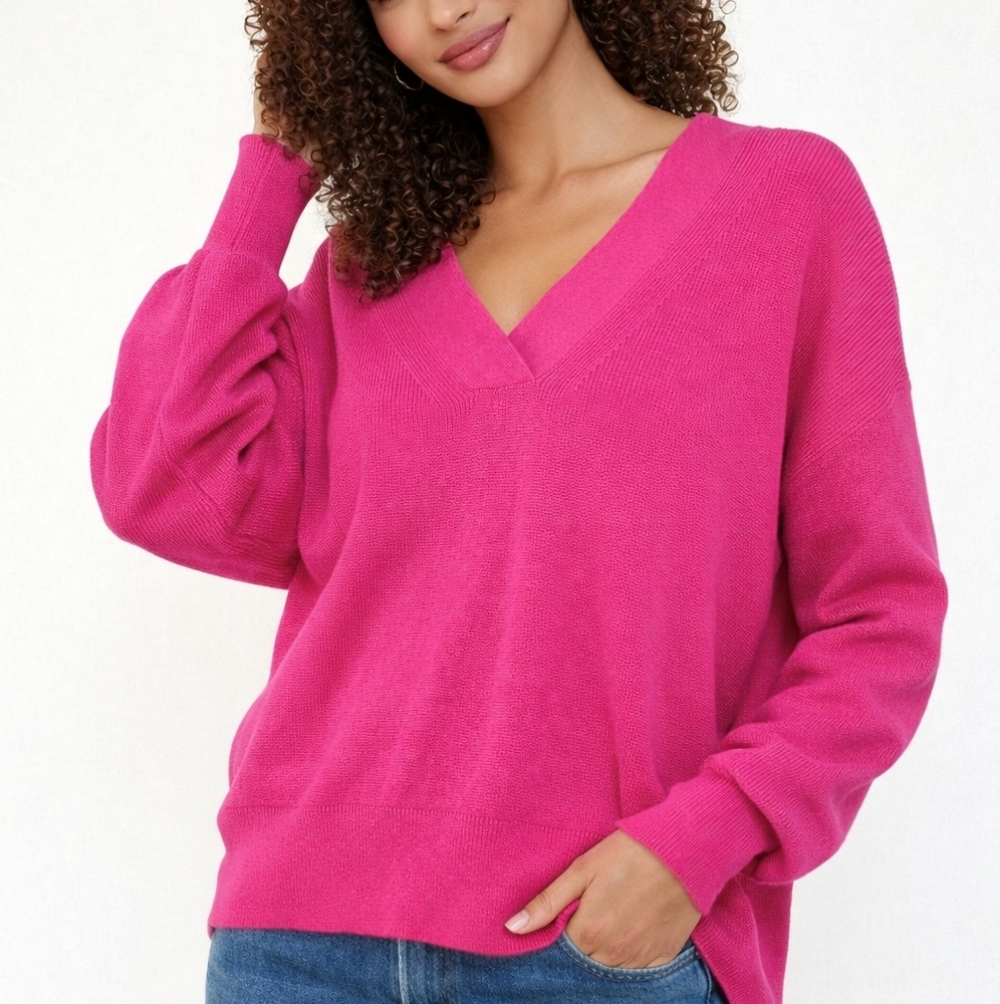 Edinburgh Knitwear Pink Rib Knit V-Neck Pullover Sweater Pima Cotton Women's XL